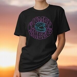 Women on Wheels Biker Core Neon Motorcycle Graphic T-Shirt Black XL